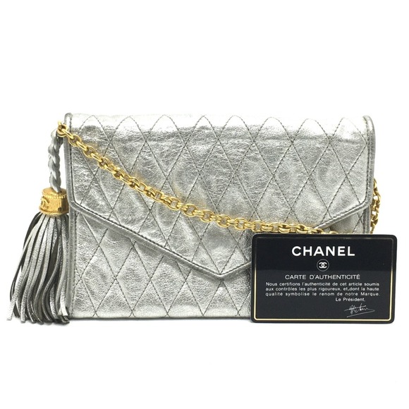 CHANEL Quilted Matelasse Chain Pochette Bag Silver x Gold Hardware - Picture 13 of 13